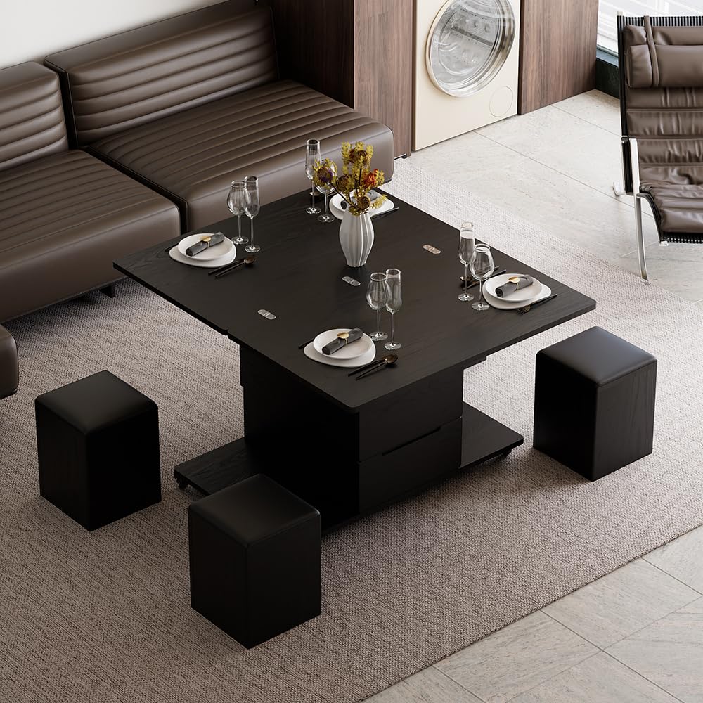 Black Lift-Top Coffee Table with Hidden Storage, 3-in-1 Modern Folding Center Table