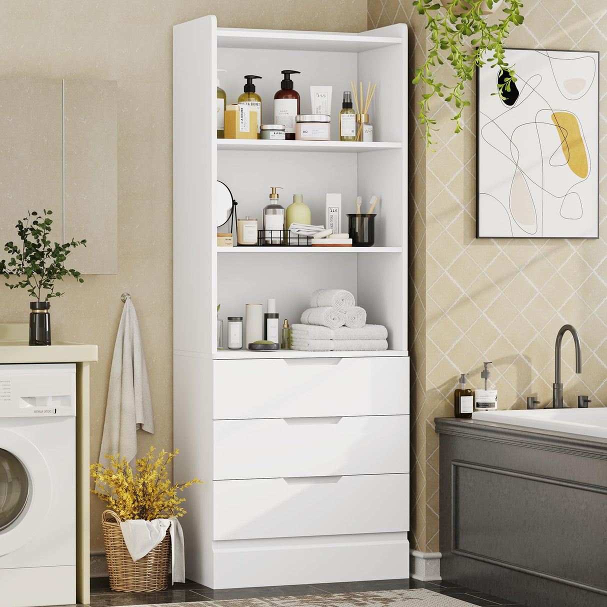 73.23'' Tall Storage Cabinet Bookcase with 3 Drawers and 3-Tier Open Shelves Wooden Bookshelf Kitchen Pantry