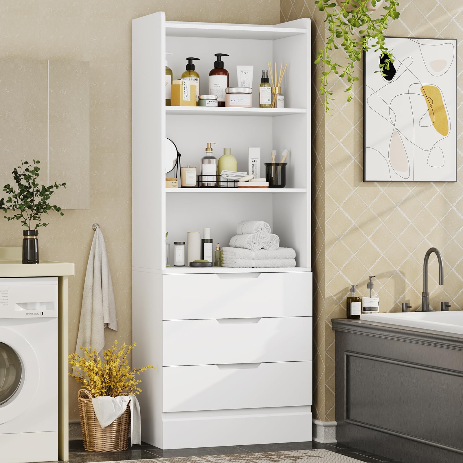 73.23'' Tall Storage Cabinet Bookcase with 3 Drawers and 3-Tier Open Shelves Wooden Bookshelf Kitchen Pantry