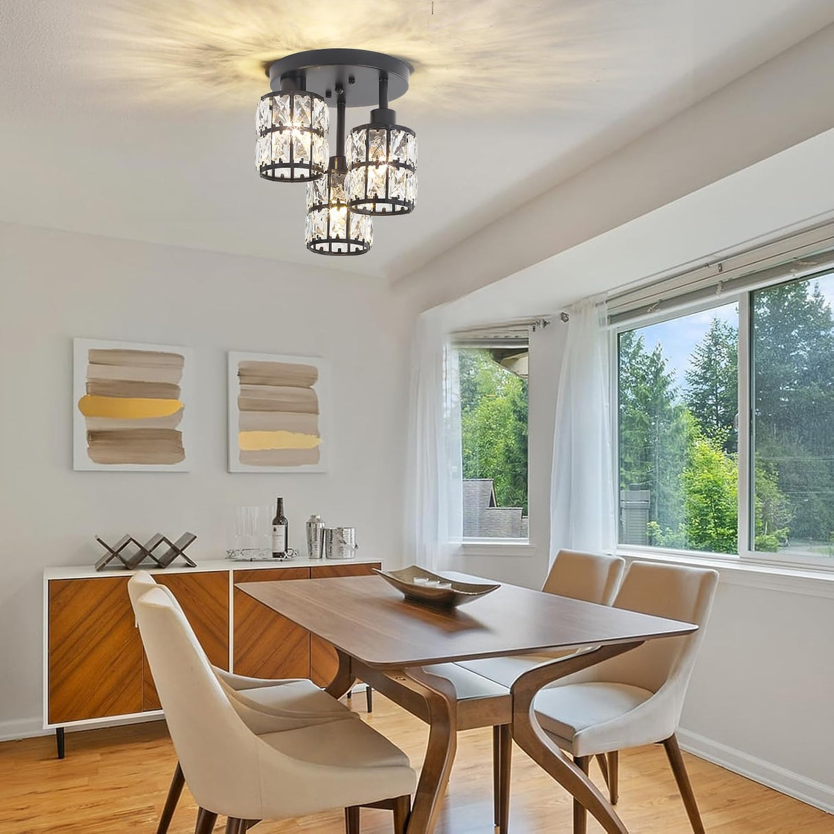 Semi Flush Mount Ceiling Light, 3-Light Close to Ceiling Light Fixture Black Small Crystal