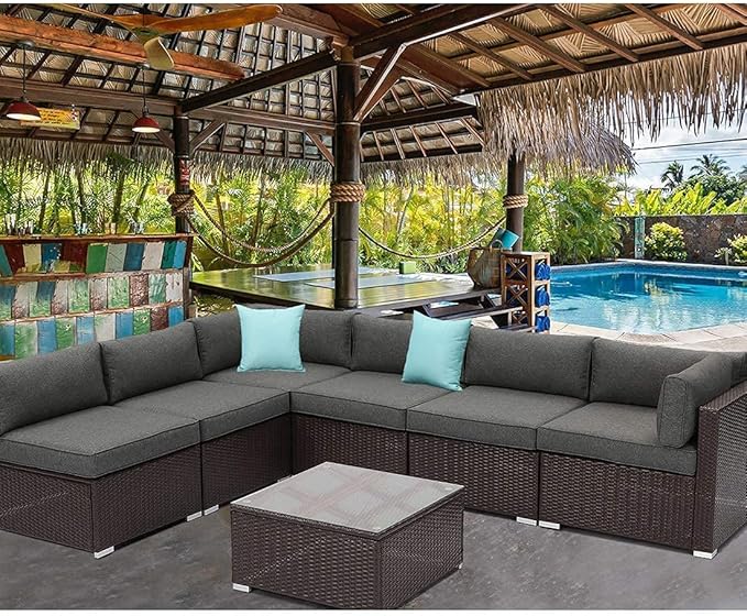 Outdoor 7 Pieces Patio Sofa Set, All-Weather Chocolate Brown Wicker Sectional