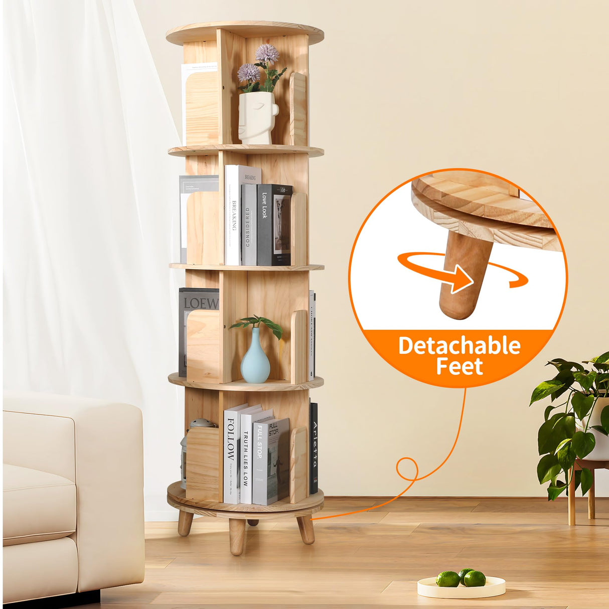 Bookshelf Tower, 4 Tiers Floor Standing Bookcase Storage Rack, 360 Display Round
