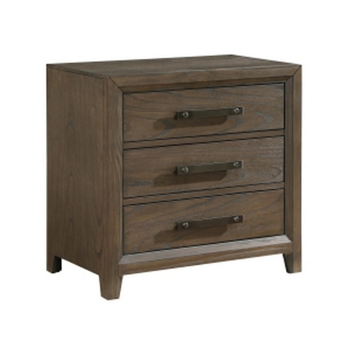 27 Inch Nightstand, 3 Drawers, Handles, Brushed Walnut, Brown, Black and Nickel