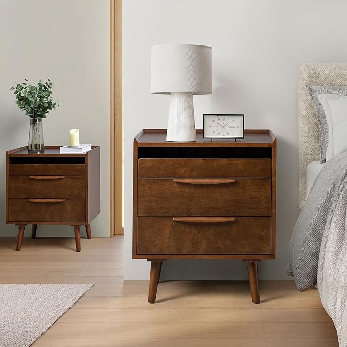 Nightstand with Charging Station, Mid-Century Modern 2 Drawer and Open Shelf Bedside