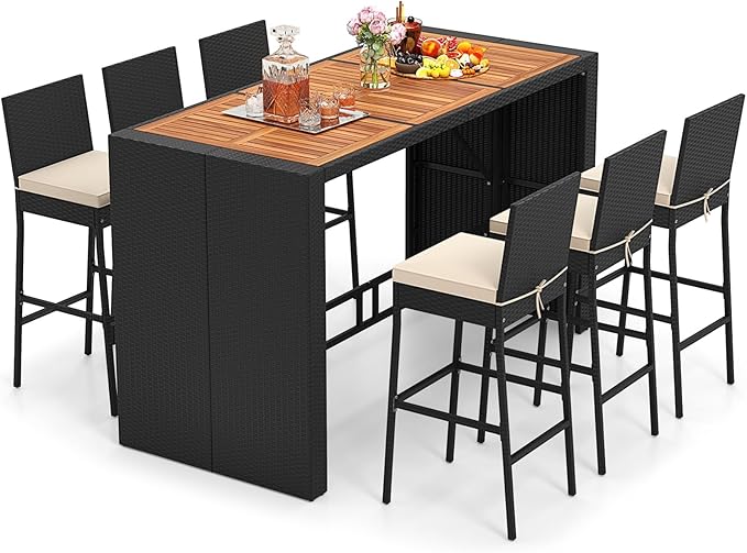 5 Piece Patio Wicker Bar Set, Patiojoy Outdoor Acacia Wood Bar Height Table