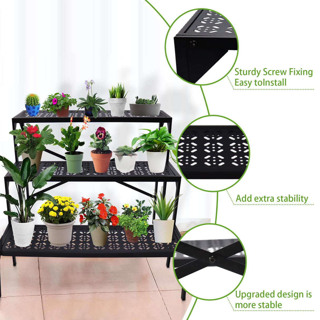 aboxoo 3 Tiers Metal Plant Stand, Ladder Flower Pots Holders, Step Display Rack, Heavy Duty Utility Storage Organizer Rack for Home Garden Patio Balcony, Stair Style Stand