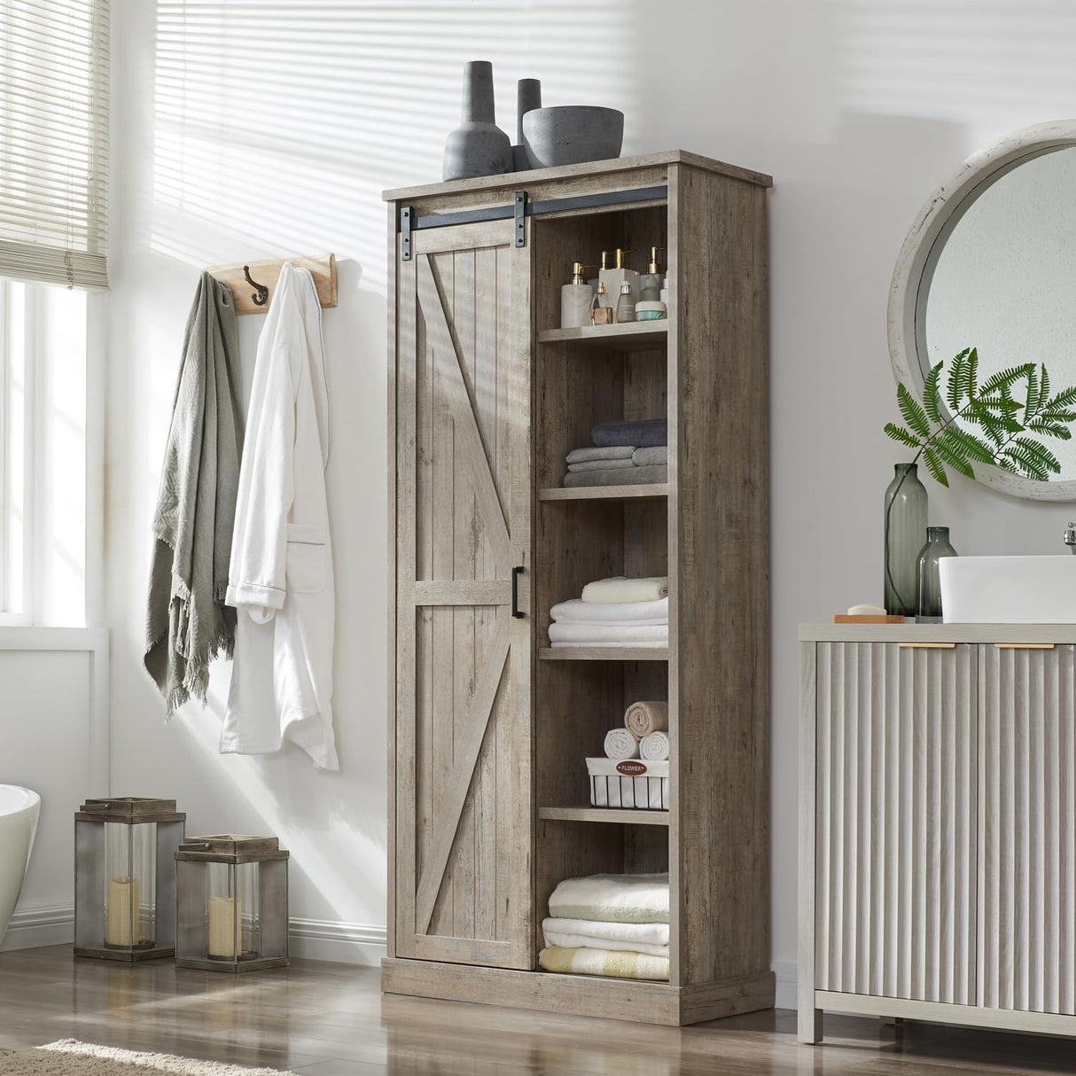 72” Tall Farmhouse Bookshelf, 32” Wide Large Wooden Bookcase with Sliding Barn Door, 5-Tier Storage Cabinet with Adjustable Shelves, Modern Versatile Cabinet for Living Room, Bedroom, Light Grey