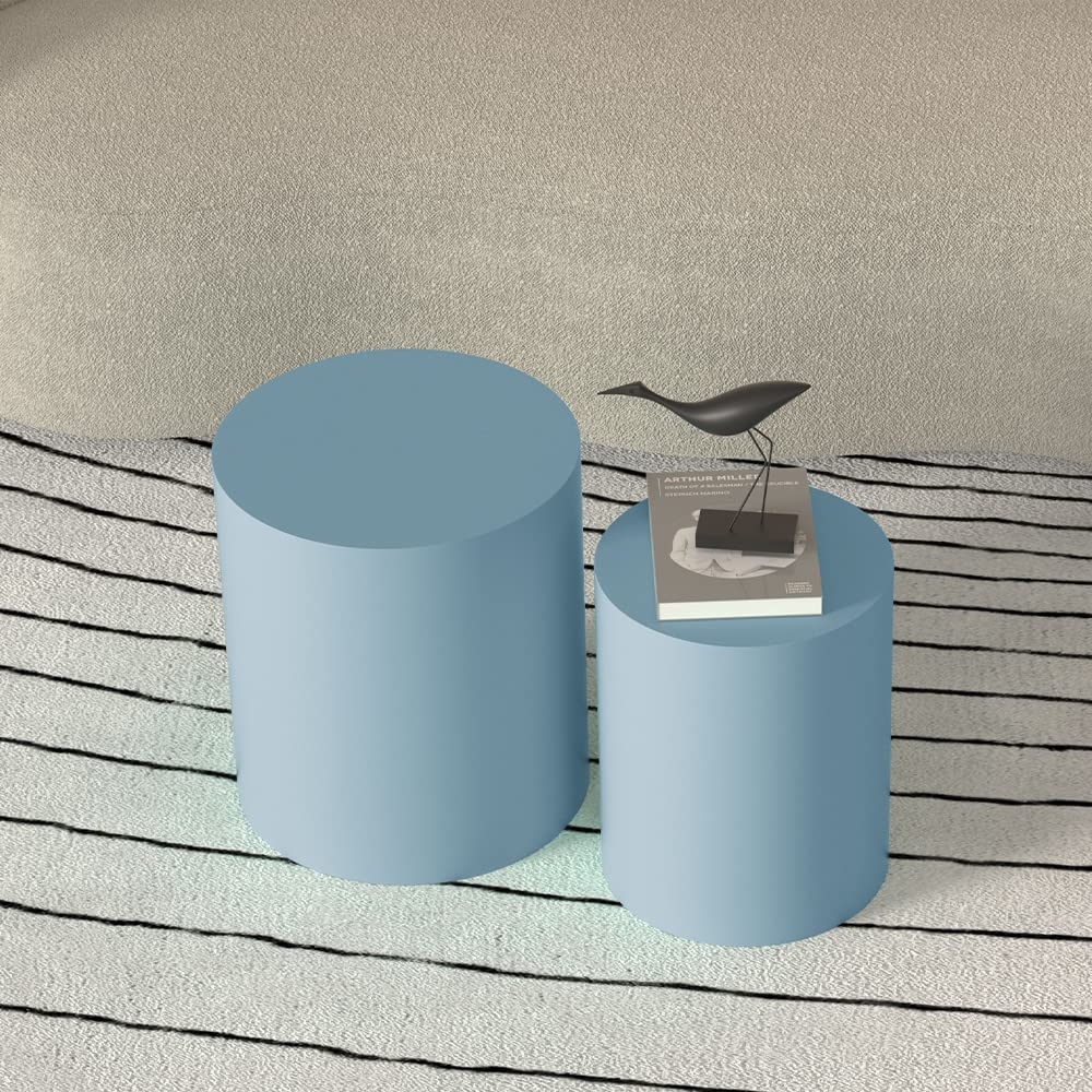 Nesting Coffee Table Set of 2, Blue Round Wooden Nesting Tables Modern Circle Table