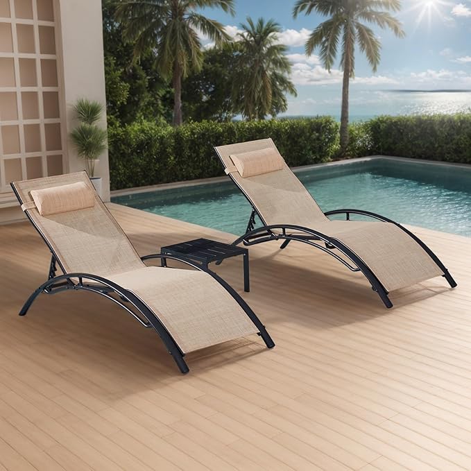 3, Pool Lounge Chairs with Pillow, Side Table & 5-Position Adjustable Backrest, Sunbathing
