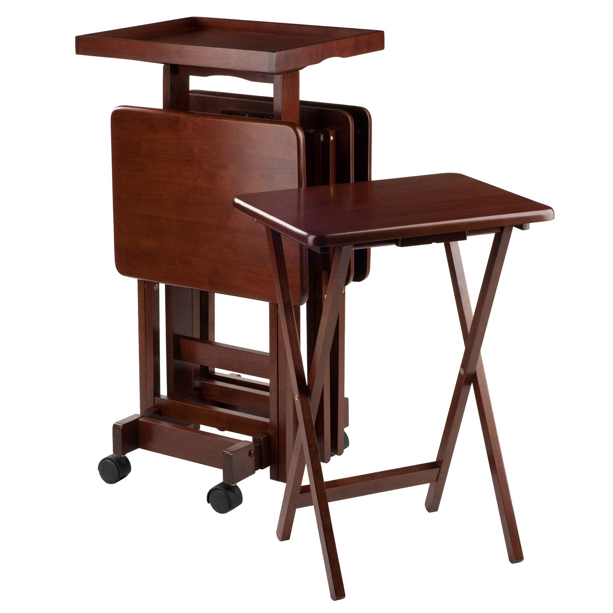 Walnut Finish 6-Piece Folding TV Tray Table Set with Removable Trays