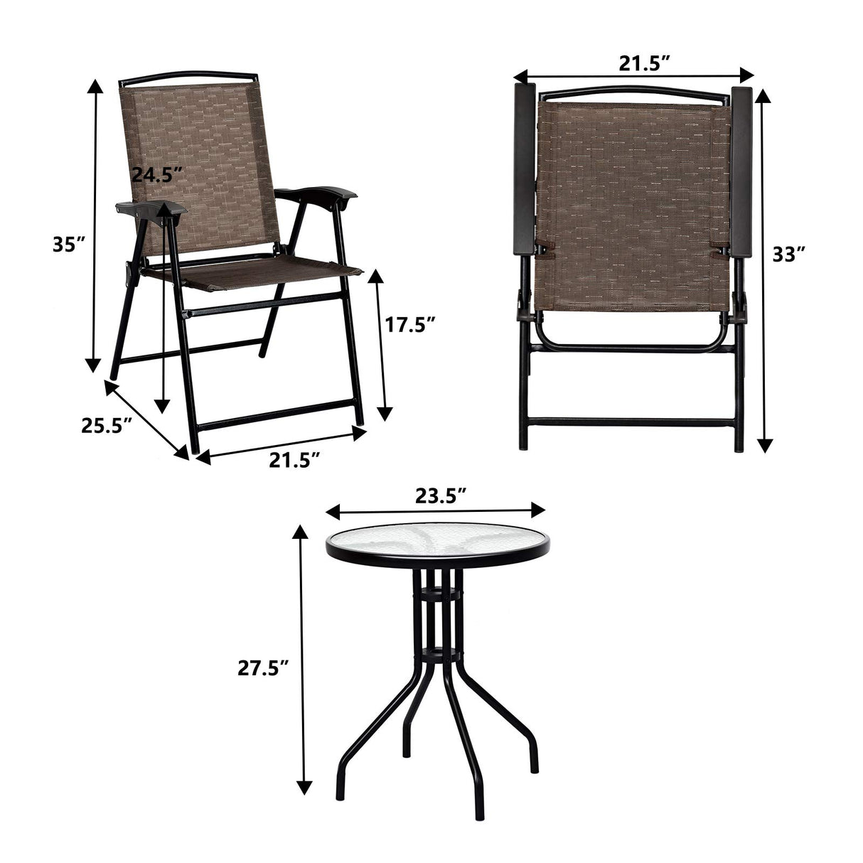 3 Pieces Patio Bistro Set, Outdoor Folding Chairs & Table Set