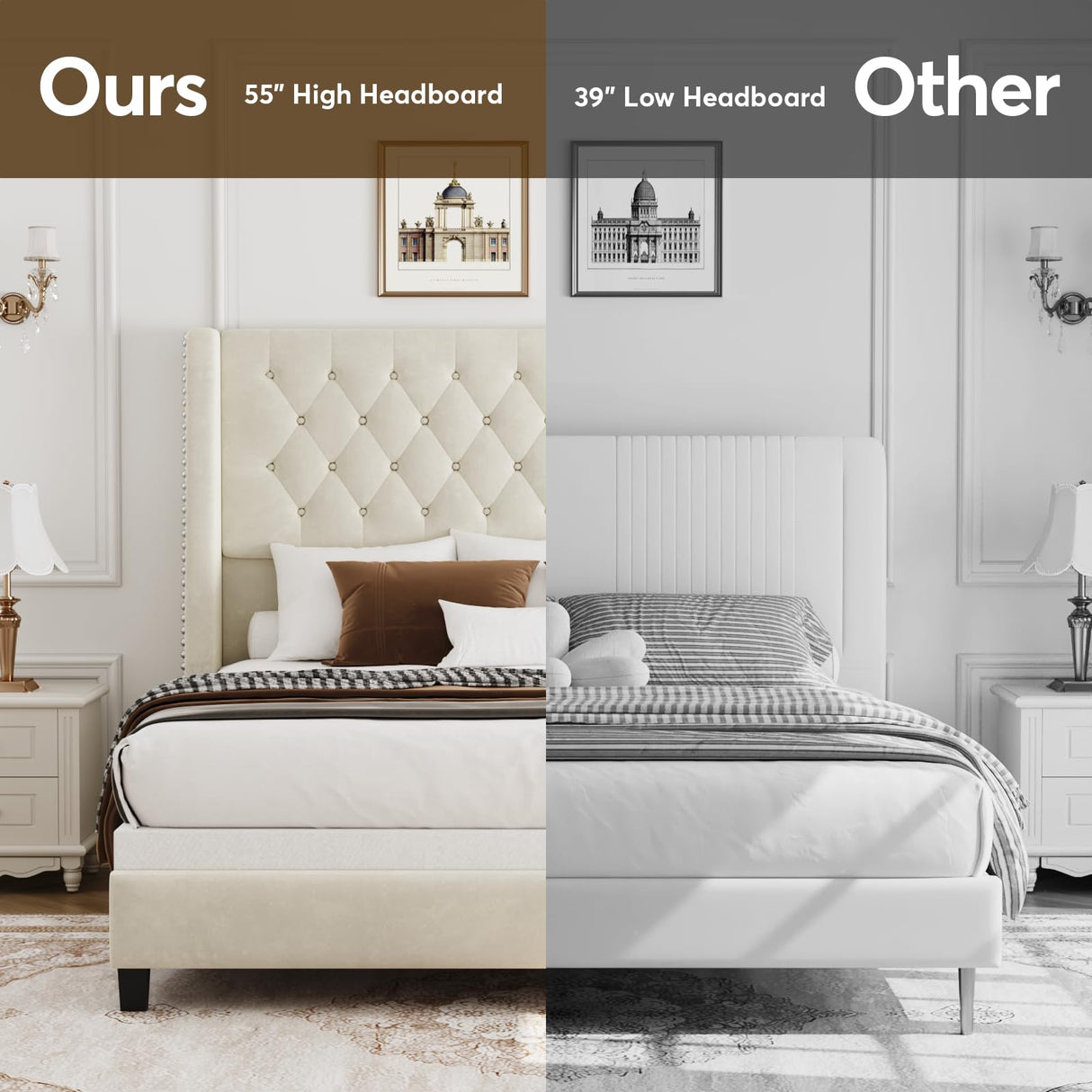 Queen Upholstered Bed Frame with 55" Tufted Headboard - Platform Bed, No Box Spring Needed