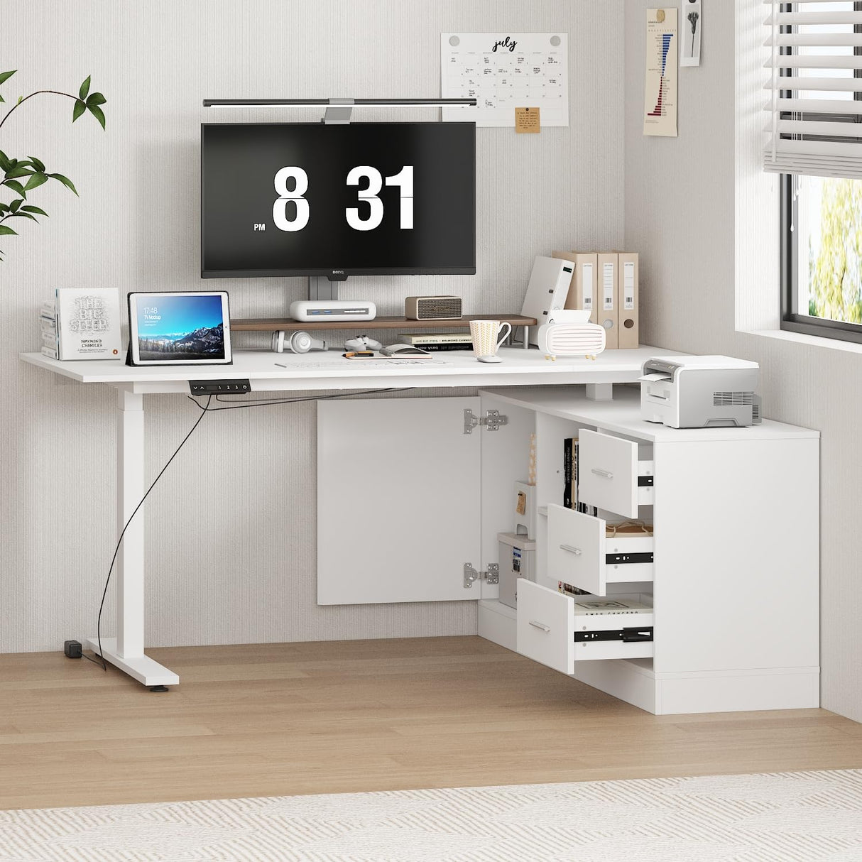 Home Office L Shaped Electric Standing Desk with Drawers and Shelves