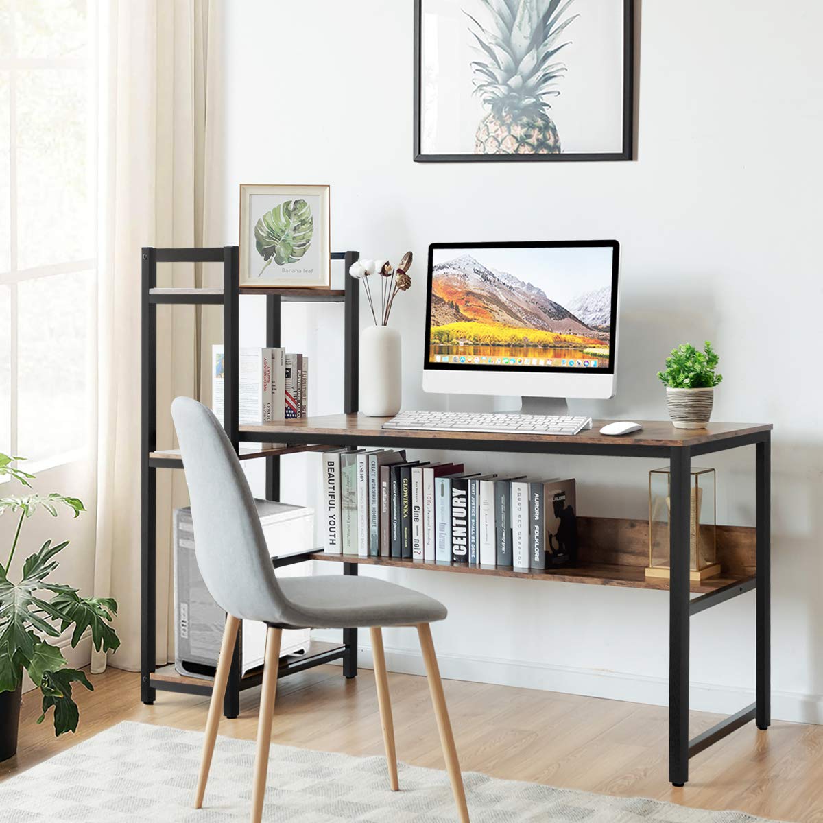 59-Inch Computer Desk with Bookshelf, Home Office Desk with Storage Bookshelf