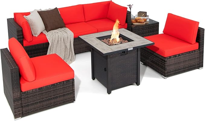 7 Piece Patio Furniture Set with Fire Pit Table, Patiojoy Outdoor PE Wicker Conversation Sectional Sofa Set
