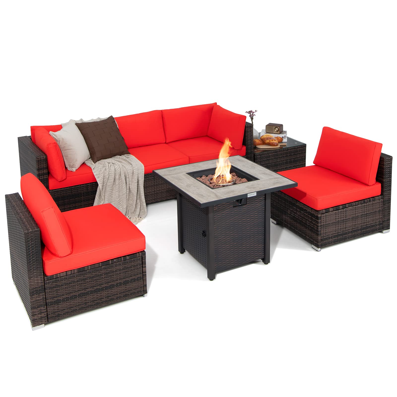 7 Piece Patio Furniture Set with Fire Pit Table, Patiojoy Outdoor PE Wicker Conversation Sectional Sofa Set