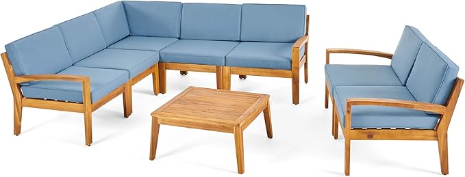 Noble House Grenada Outdoor Acacia Wood 7 Seater Sectional Sofa Set Teak/Blue