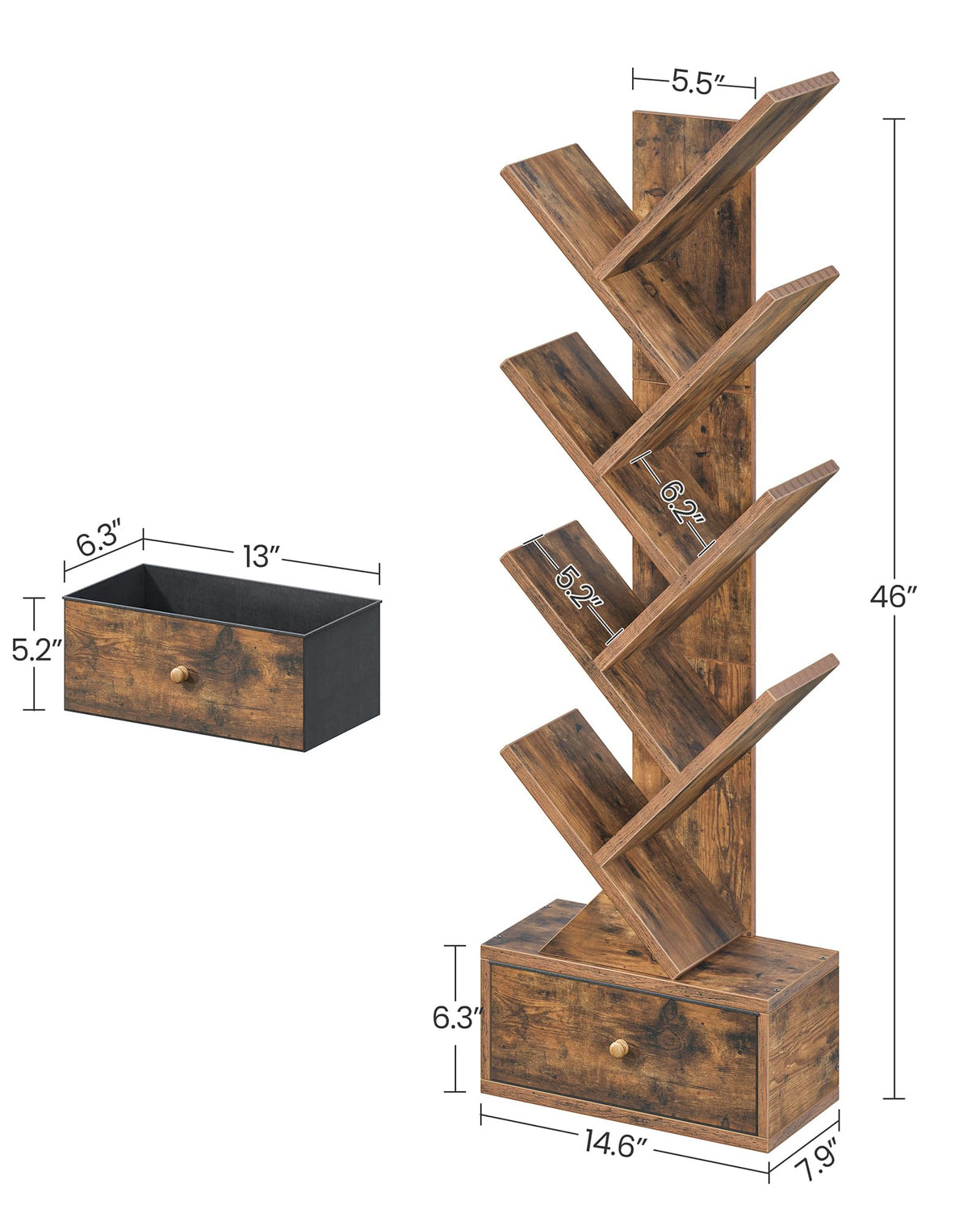 Yzosvki 9 Tier Tree Book Shelf with Drawer, Floor Standing Bookshelf Storage Organizer Bookshelves for Books/CDs, 9 Shelf Narrow Bookcase for Sturdy Room, Bedroom, Living Room, Rustic Brown