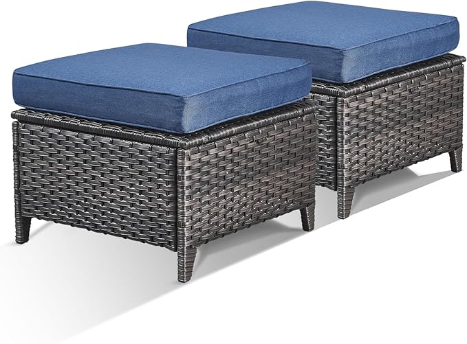 Patio Ottomans Set of 2 Outdoor Ottomans Wicker Foot Stools 2 Piece Footrest PE