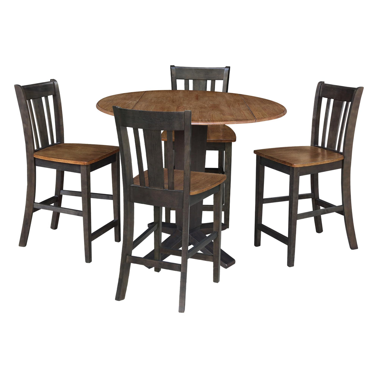 42 in Round Drop Leaf Counter Height Dining Table with 4 Stools in Hickory/Washed Coal - 5 Piece Set