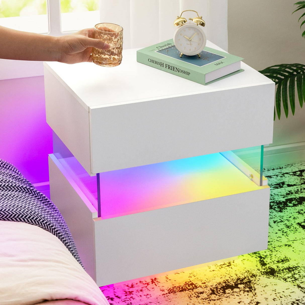 White Night Stand LED Nightstand with 2 Drawers Modern Bedside Tables for Bedroom