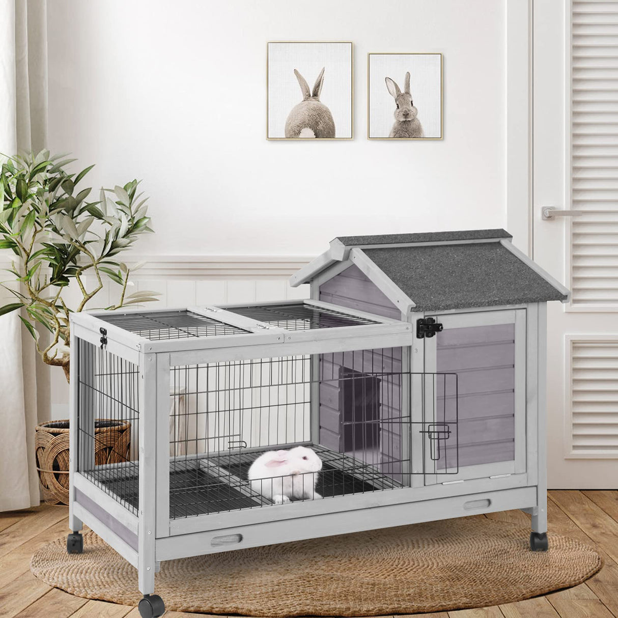 Rabbit Hutch Indoor Outdoor Rabbit Cage Bunny Cage with Run,No Leak Pull Out Tray