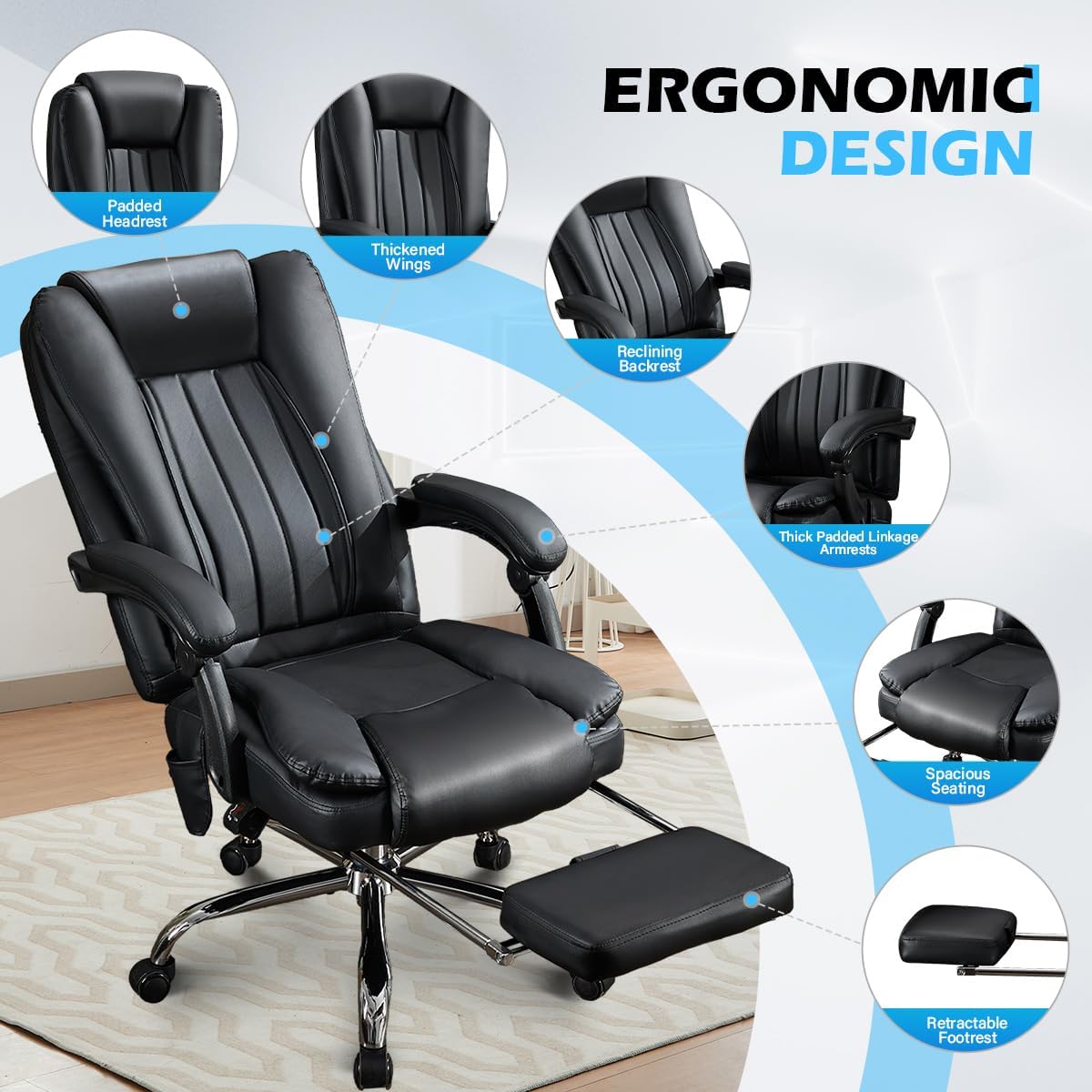 Massage Office Chair with Footrest - Ergonomic High Back Executive Chair 500lbs Capacity