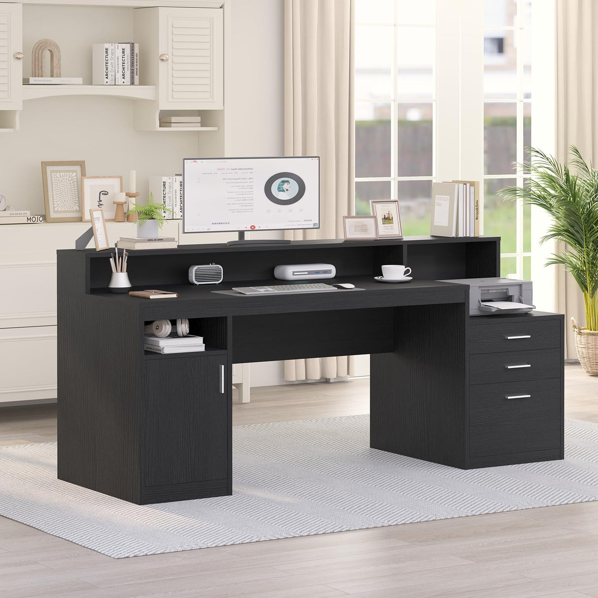 YOMILUVE Computer Desk with 3 Drawer & Storage Shelves, Home Office Desk with File Drawer & Cabinet, Writing Study Table with Long Monitor Stand & Printer Shelf, Executive Workstation