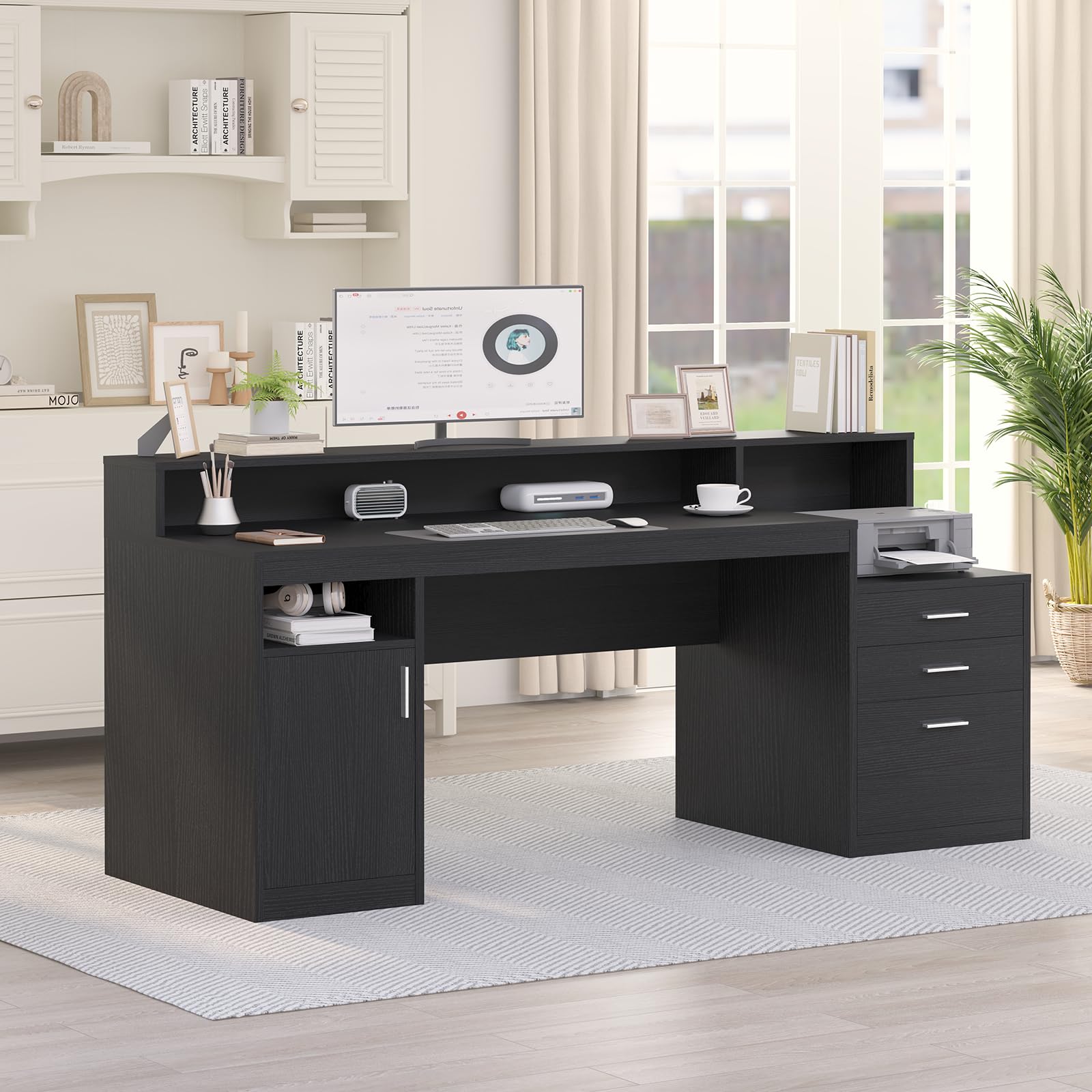 YOMILUVE Computer Desk with 3 Drawer & Storage Shelves, Home Office Desk with File Drawer & Cabinet, Writing Study Table with Long Monitor Stand & Printer Shelf, Executive Workstation