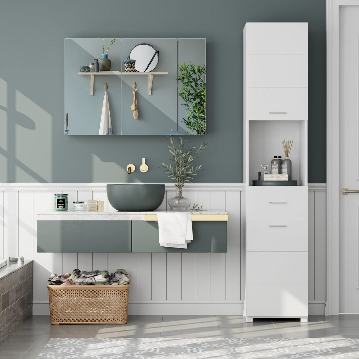 Medicine Cabinet with 3 Mirrored Doors, Surface or Recessed Mount Bathroom Medicine