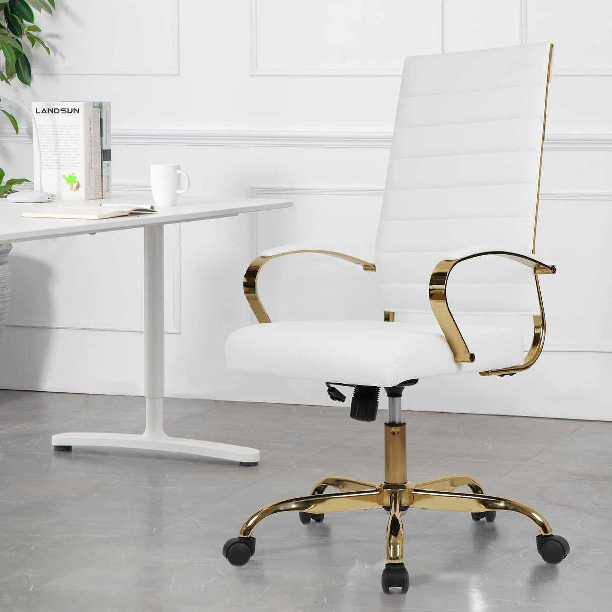 High Back Executive Office Chair - Ribbed PU Leather with Gold Frame