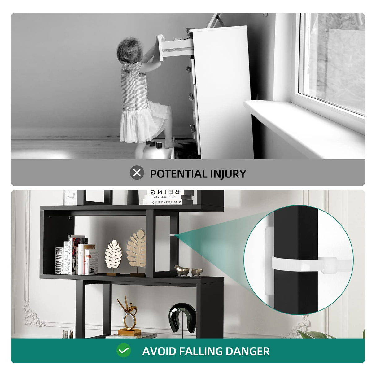 5-Tier Bookshelf, S-Shaped Z-Shelf Bookshelves and Bookcase, Modern Freestanding Multifunctional Decorative Storage Shelving for Living Room Home Office, Black