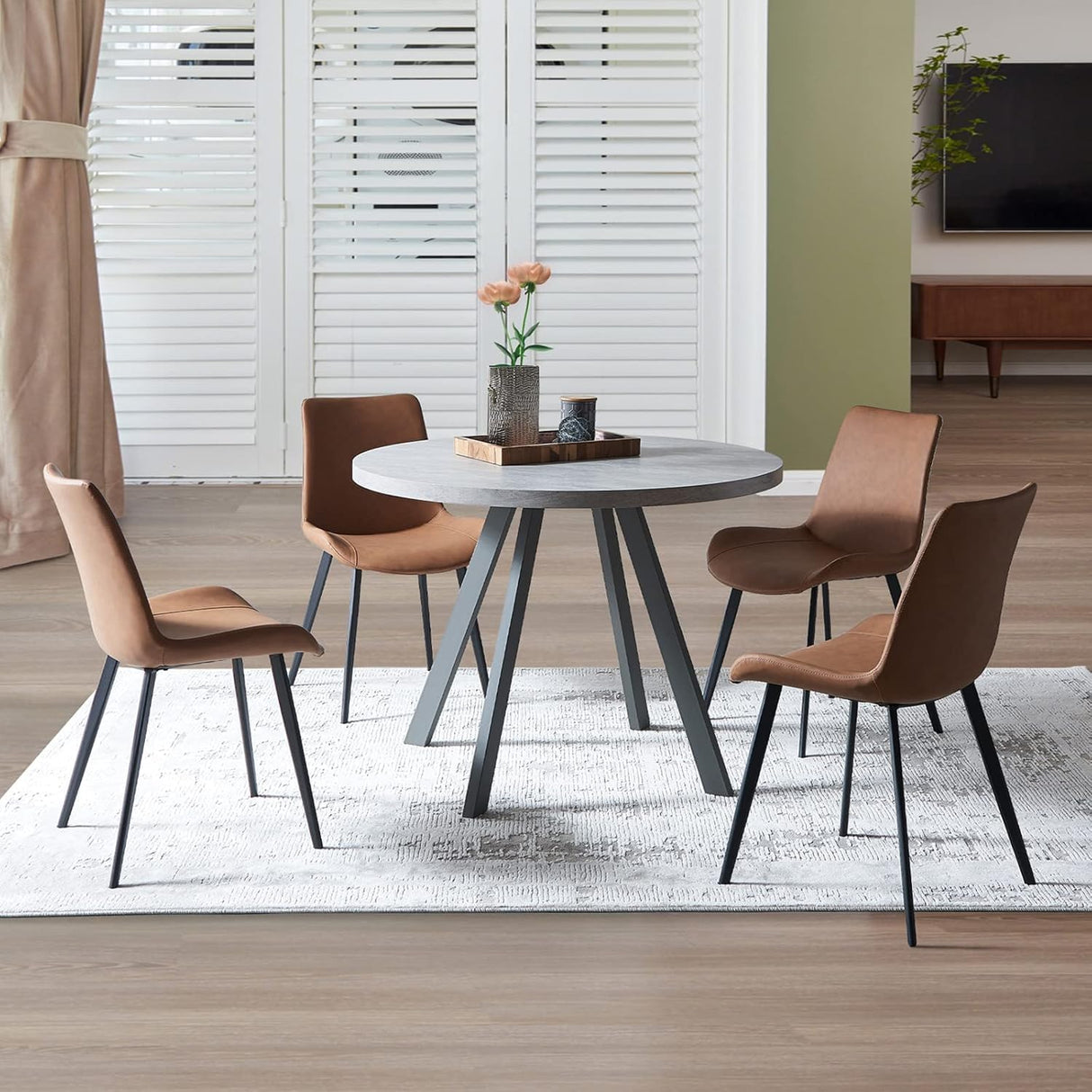 Modern Dining Chairs Set of 4 - Brown Faux Leather Upholstered with Metal Legs
