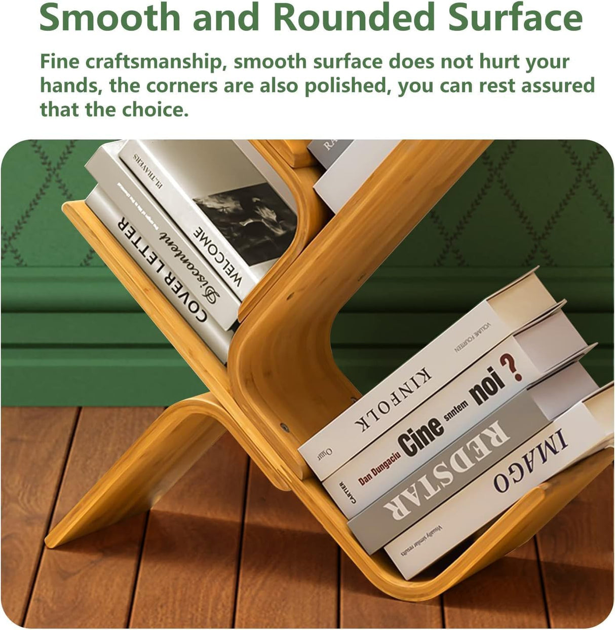 PEYNIR Multi-Layer Bamboo Bookshelf Standing Bookcase Office Curved Book Storage Bookshelf Suitable for Home Living Room Corner Bedroom Boho Bookshelf