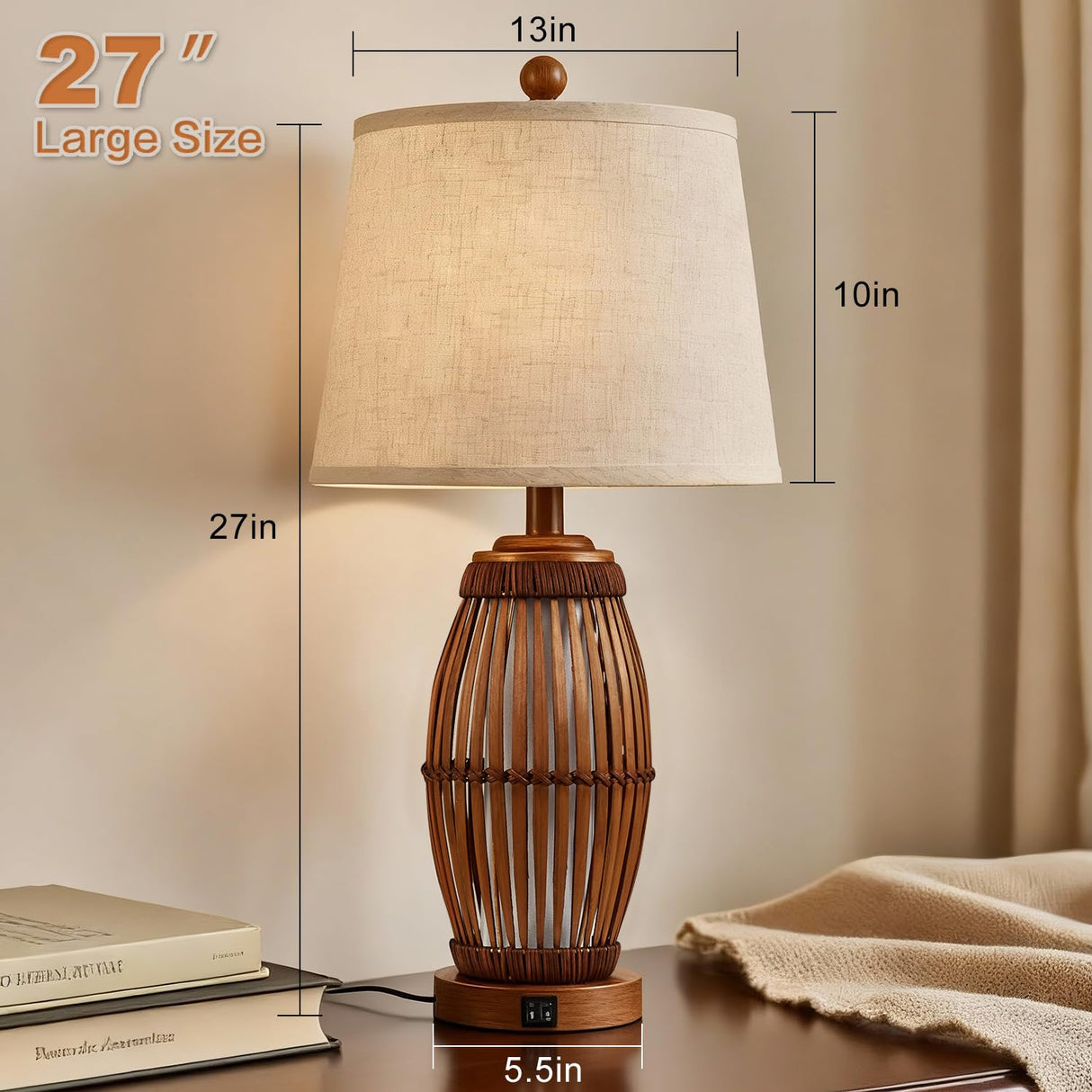 27" Vintage Bamboo Woven Table Lamps Set of 2 with USB Charging