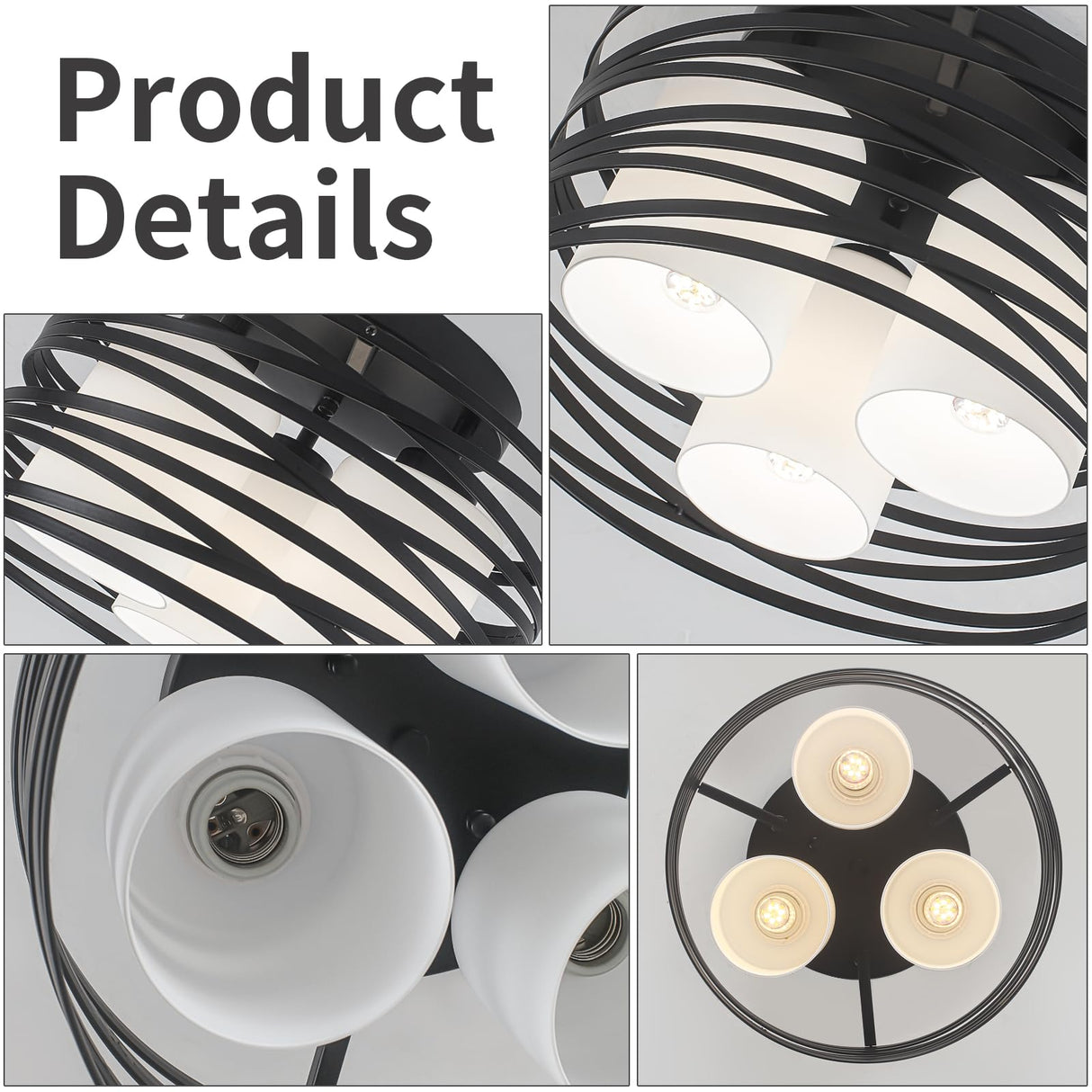 Black Flush Mount Ceiling Light - 3-Light Drum Semi Flush Mount