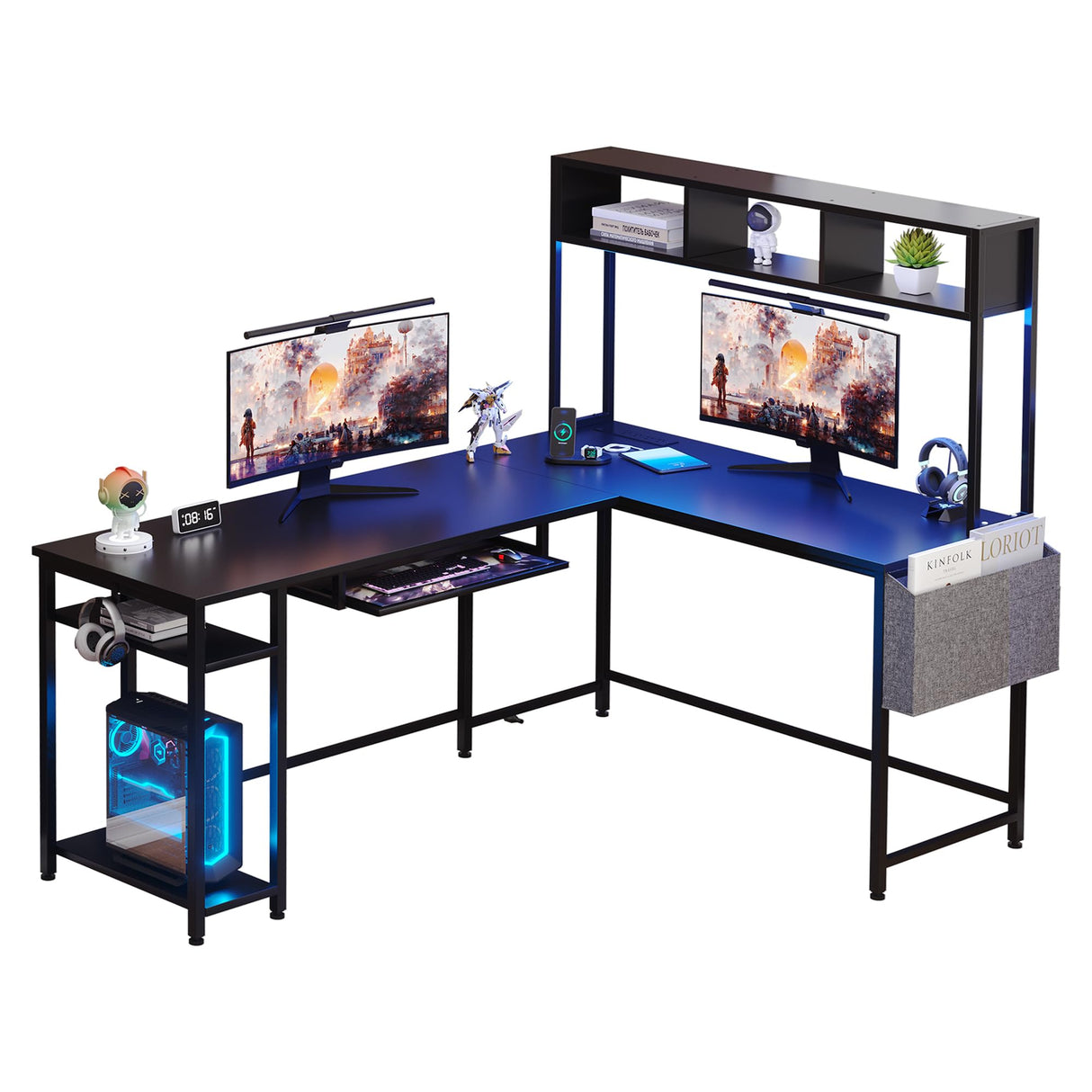 66" L Shaped Home Office Desk, Reversible Gaming Desk with LED Lights