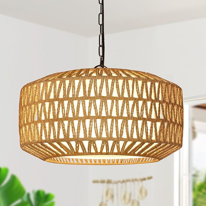 Farmhouse Chandeliers for Dining Room, Hand Woven 5-Light Rattan Pendant Light