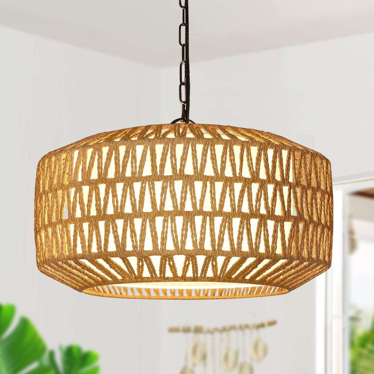 Farmhouse Chandelier Light Fixture, 5-Light Rattan Boho Chandeliers for Dining Room
