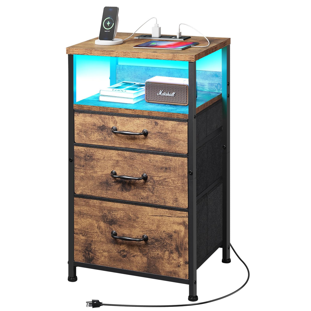 Nightstand with Charging Station, LED Night Stand