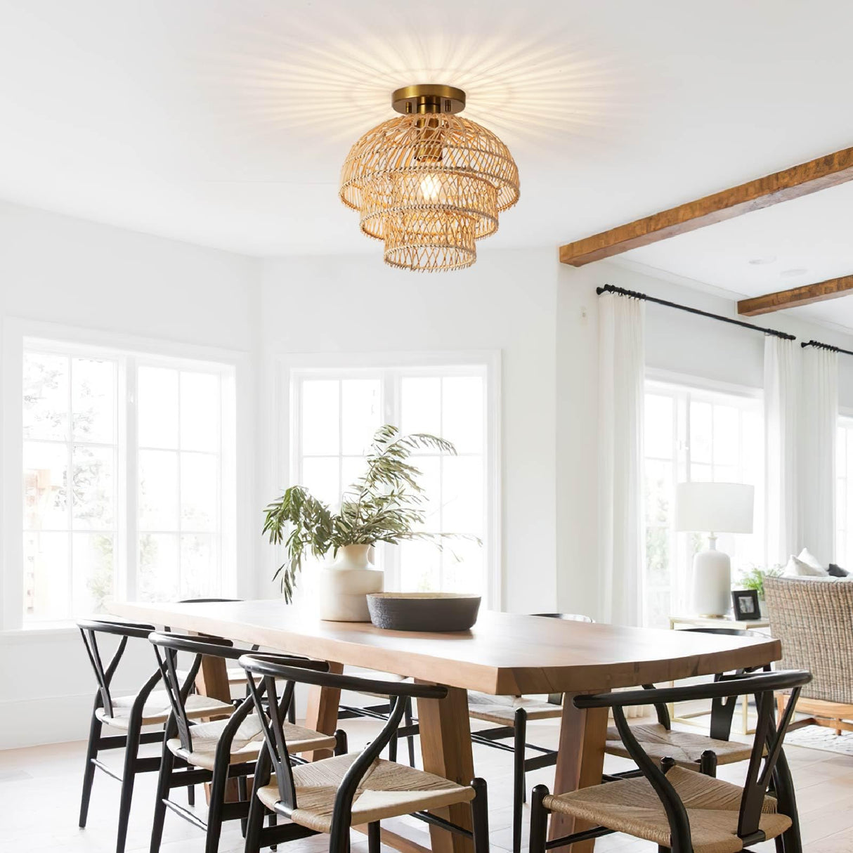 12'' Rattan Ceiling Light Fixtures Boho Chandelier Rattan Semi Flush Mount Ceiling Light