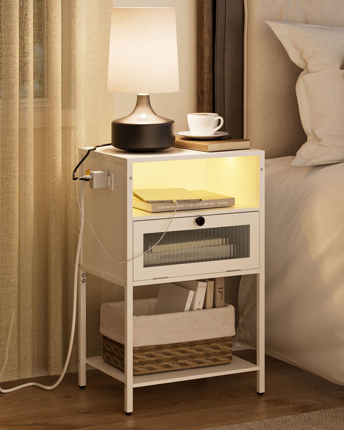 Nightstand with Charging Station and LED Lights, Bedside Table with Storage, Modern