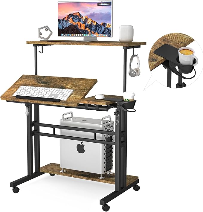 Mobile Standing Desk, Adjustable Rolling Computer Desk with 3 Desktops
