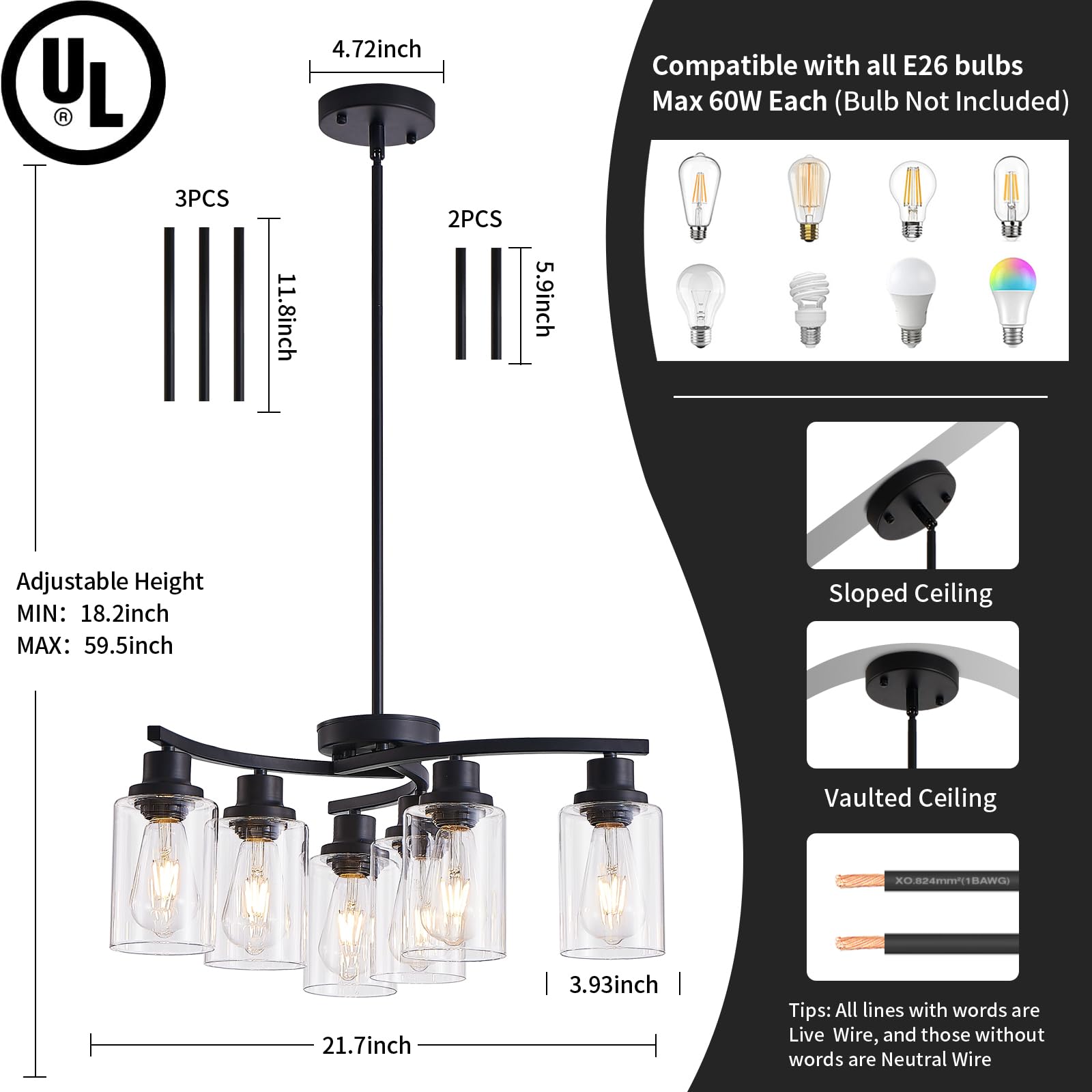 OTeedo 6-Light Modern Farmhouse Black Chandeliers for Dining Room,Kitchen Black Chandeliers Over Table,Adjustable Height Hanging Whirlwind Pendant Lights,Clear Glass Shade Ceiling Light Fixture