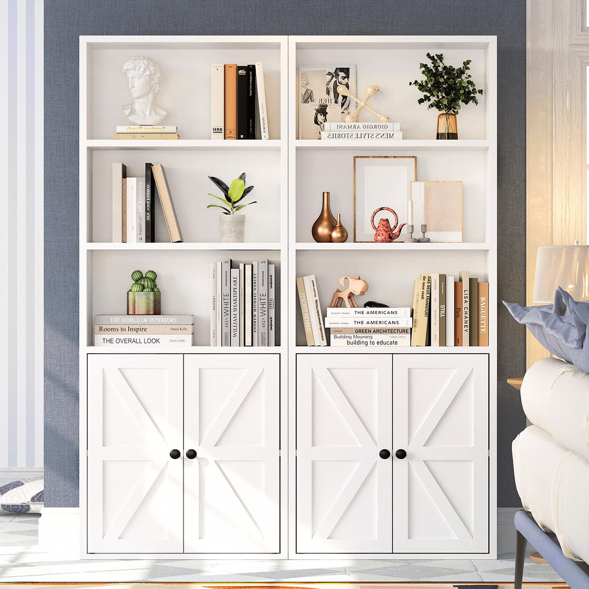 oneinmil 5-Tier Bookshelf with Storage, Wooden Bookcase with Cabinet Doors, Floor Bookshelves and Office Storage Cabinets for Home Office, Living Room (White, 5-Tier)