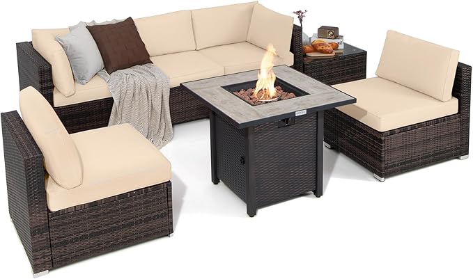 7 Piece Patio Furniture Set with Fire Pit Table, Patiojoy Outdoor PE Wicker Conversation Sectional Sofa Set