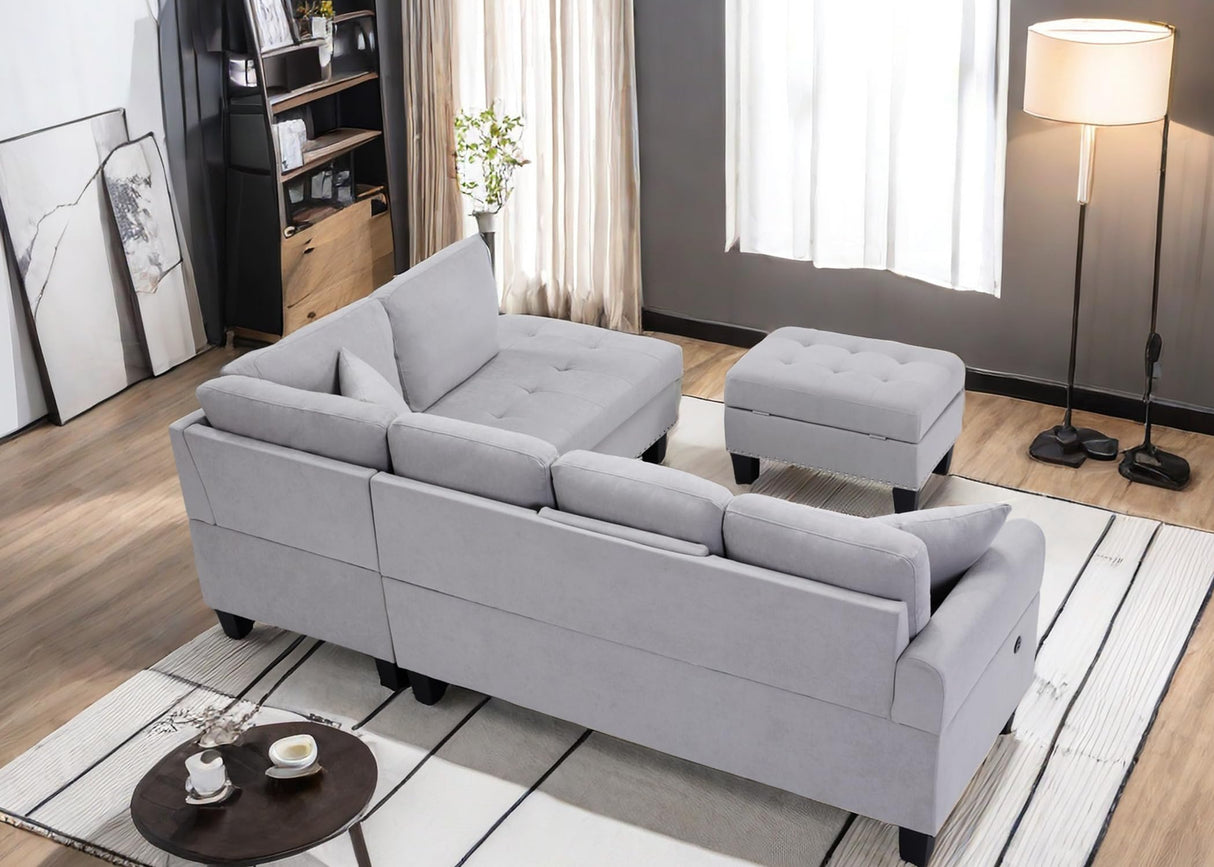 CANMOV 5-Seat Sectional Sofa with Chaise, Storage Ottoman, USB & Cup Holders