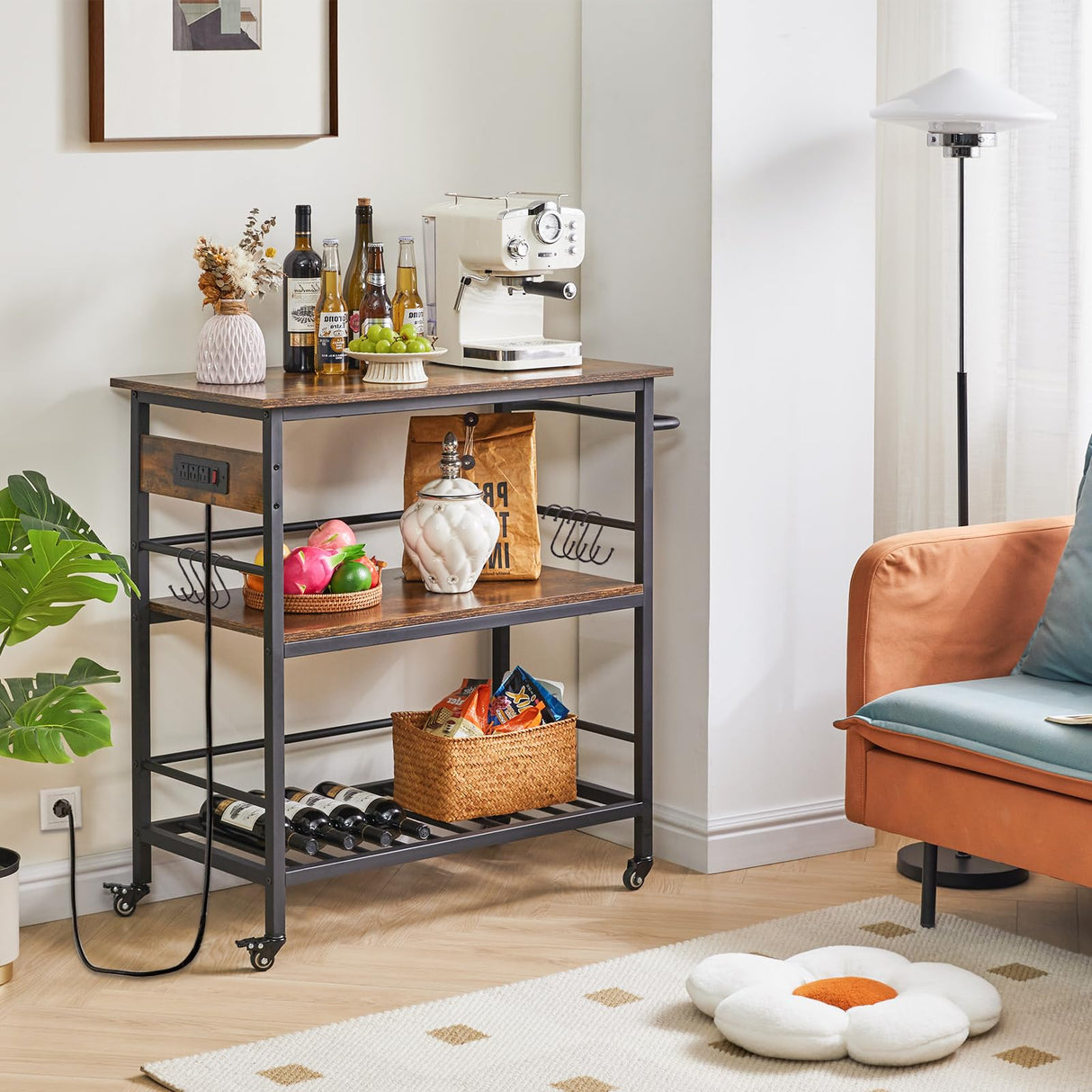 Kitchen Island with 3 Shelves, Island Table for Kitchen with Power Outlet,Kitchen Cart