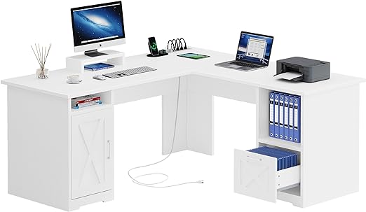 PowerMax 60” L-Shaped Computer Desk with USB & Power Outlets