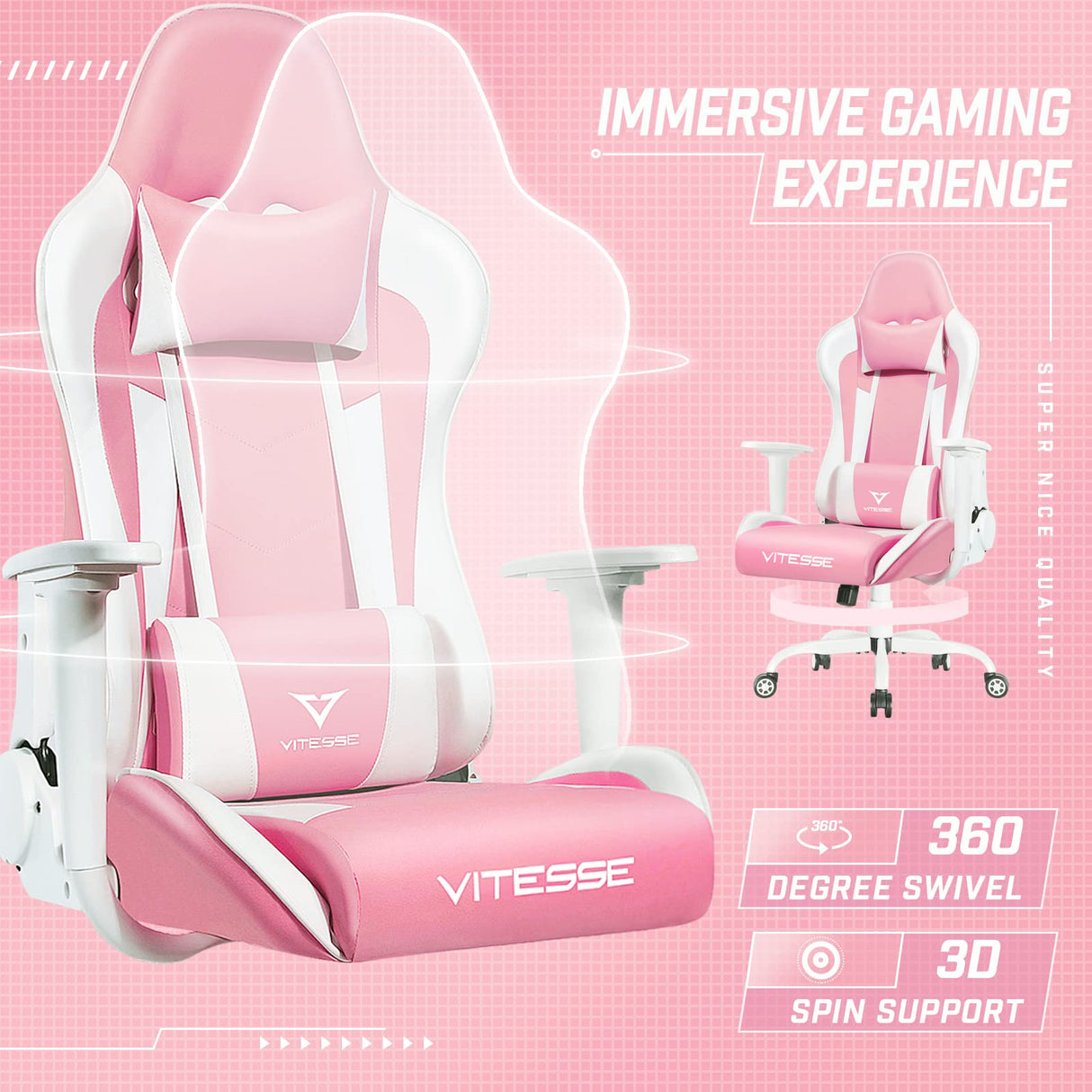 Pink Gaming Chair with Lumbar Support and Headrest